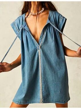 We The Free Light Wash Denim Tie-Front Tunic